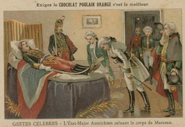 Ufficiali dello stato maggiore austriaco salutano il corpo del generale Marceau dopo la sua morte ad Altenkirchen, Germania, 1796
